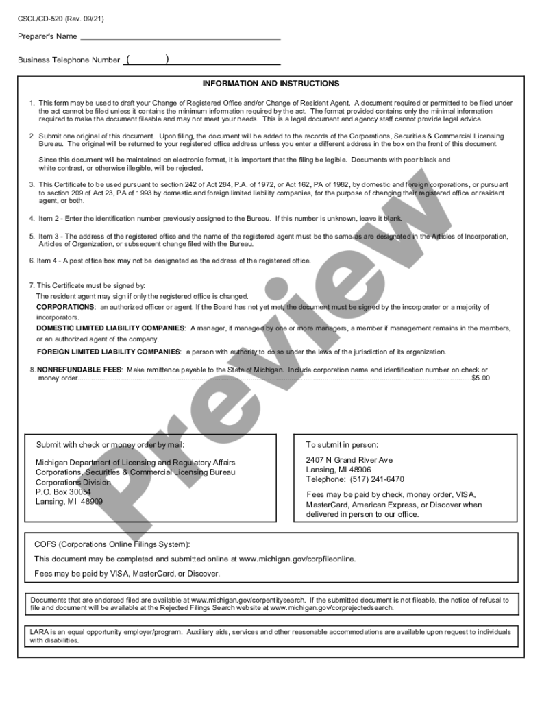 Michigan Registered Agent For Llc US Legal Forms