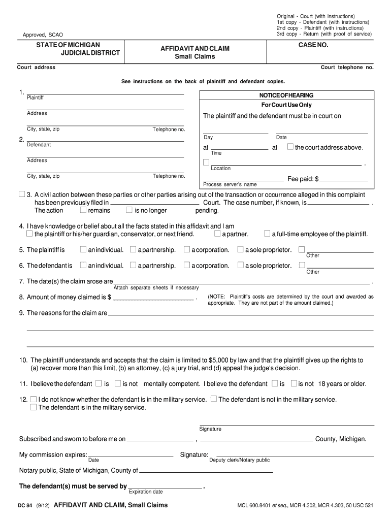 Michigan Small Claims Form Dc 84 ClaimForms