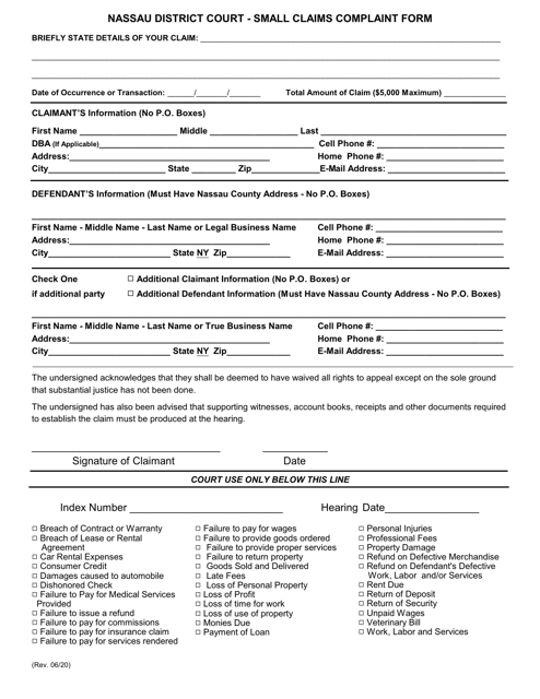 Nassau County New York Small Claims Complaint Form Fill Out Sign 