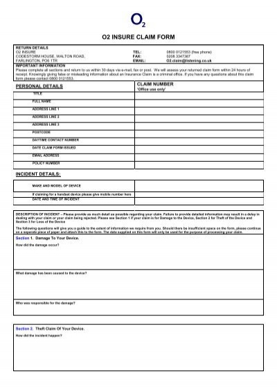 O2 Insurance Claim Form Online ClaimForms