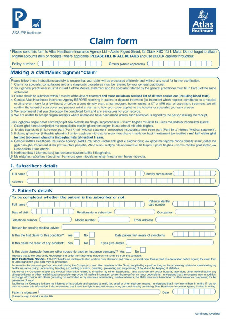 PB42001 Malta Claim Form 5594 Atlas Insurance Malta