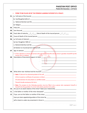 Postal Life Insurance Death Claim Form Pakistan Fill Online 