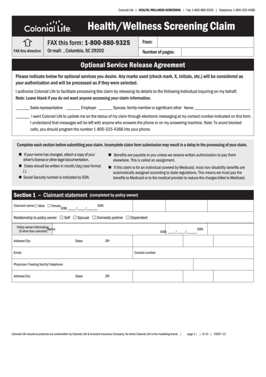 Printable Claim Form For Colonial Life Insurance Printable Forms Free 