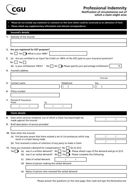 Professional Indemnity Claim Form CGU Insurance