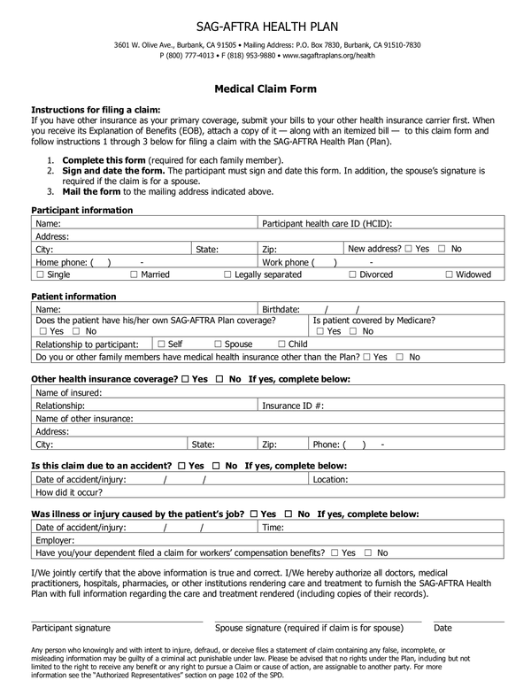 Sag Medical Claim Form ClaimForms