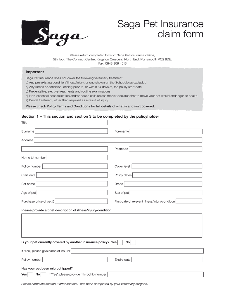 Saga Pet Insurance Claim Form Fill Online Printable Fillable Blank 