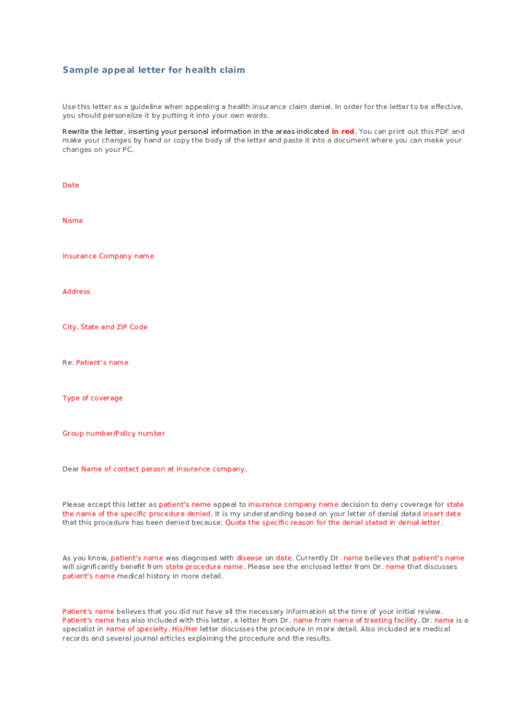 Sample Letter Of Appeal For A Health Insurance Claim Doc Template 