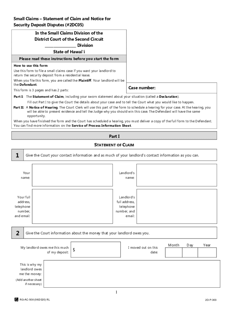 Small Claims Court Hawaii S 2020 2024 Form Fill Out And Sign 