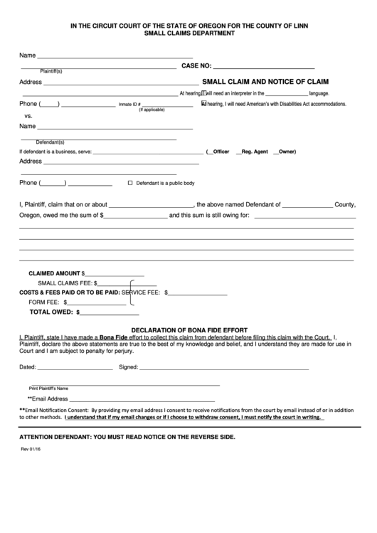 Small Claims Department Form Printable Pdf Download