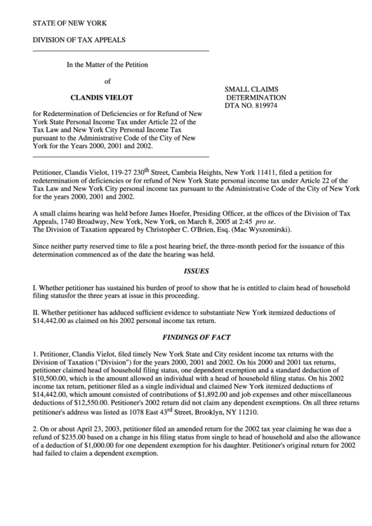 Small Claims Determination Form New York Division Of Tax Appeals 