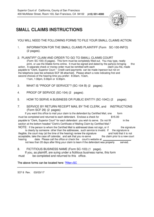 Small Claims Instructions Superior Court Of California Printable Pdf