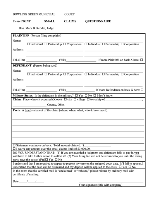 Small Claims Questionnaire Form Printable Pdf Download