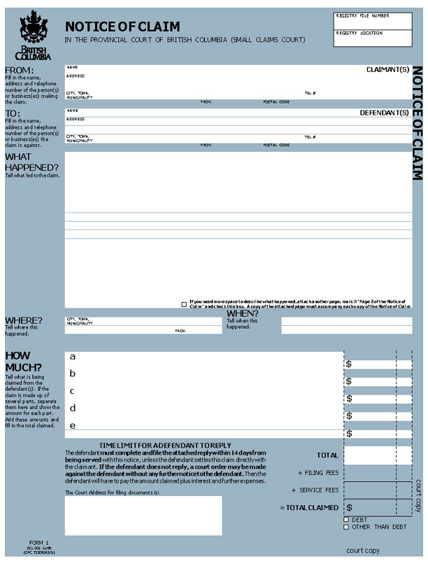 Small Claims Rules Form 1 Notice Of Claim Court Copy