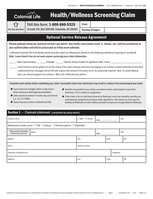 South Carolina Health Wellness Screening Claim Form Colonial Life 