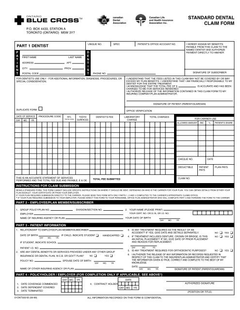 STANDARD DENTAL CLAIM FORM Ontario Blue Cross