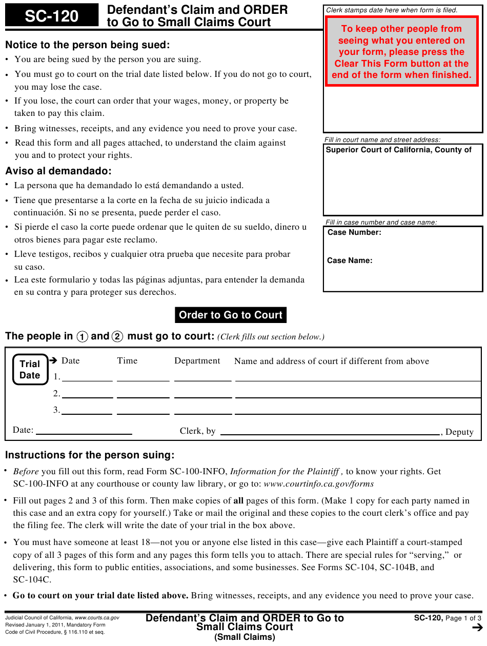 Superior Court Of California Small Claims Forms ClaimForms