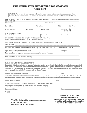 THE MANHATTAN LIFE INSURANCE COMPANY Claim Form Fill And Sign 