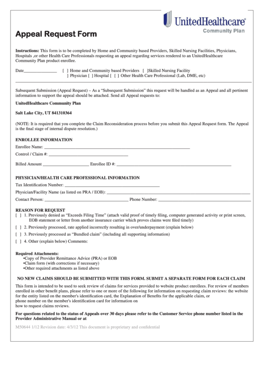 Unitedhealthcare Community Plan Claim Appeal Form PlanForms