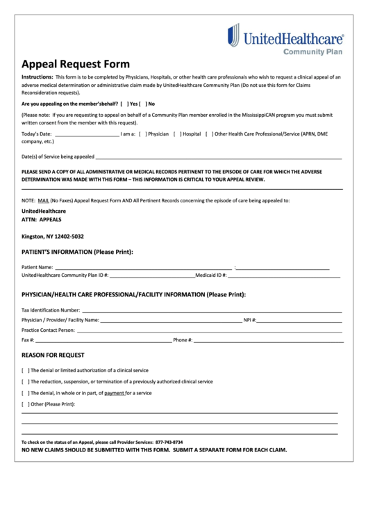 Unitedhealthcare Community Plan Claim Appeal Form PlanForms