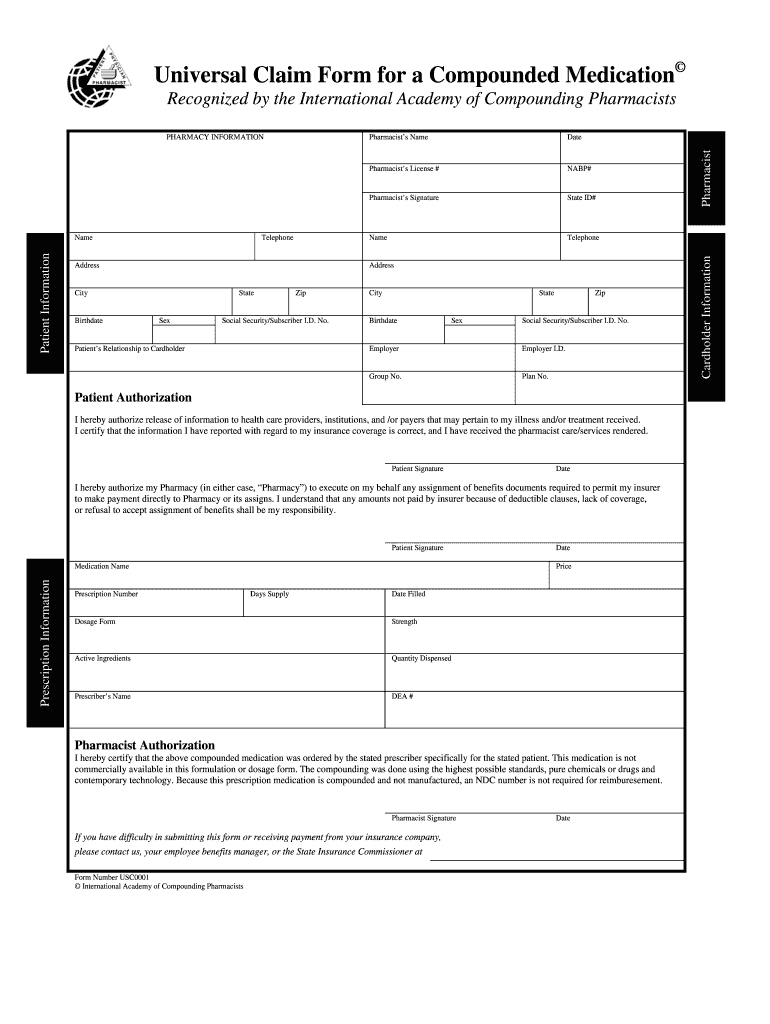 Universal Claim Form For A Compounded Medication Fill Out Sign 