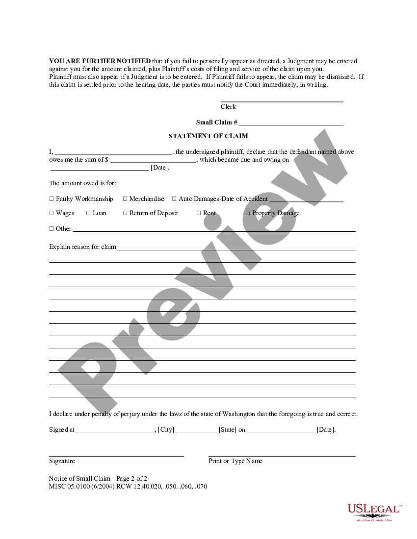 Washington MISC 05 0100 Notice Of Small Claim Washington State 