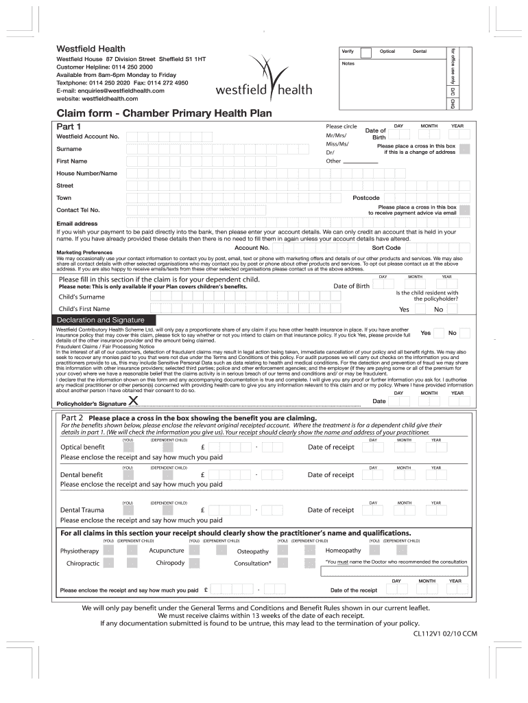 Westfield Health Cash Plan Claim Form PlanForms