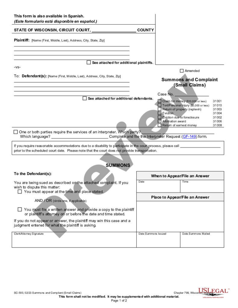 Wisconsin Small Claims Complaint And Summons Wisconsin Small Claims 