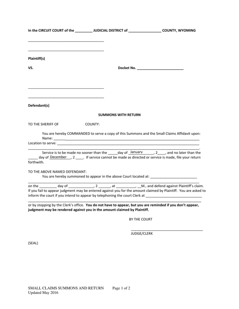 Wyoming Small Claims Summons And Return Fill Out Sign Online And 